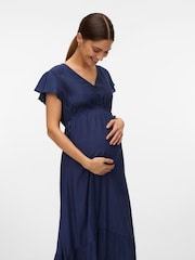 Mamalicious Blue Maternity Cap Sleeve Maxi Dress With Nursing Function - Image 4 of 6