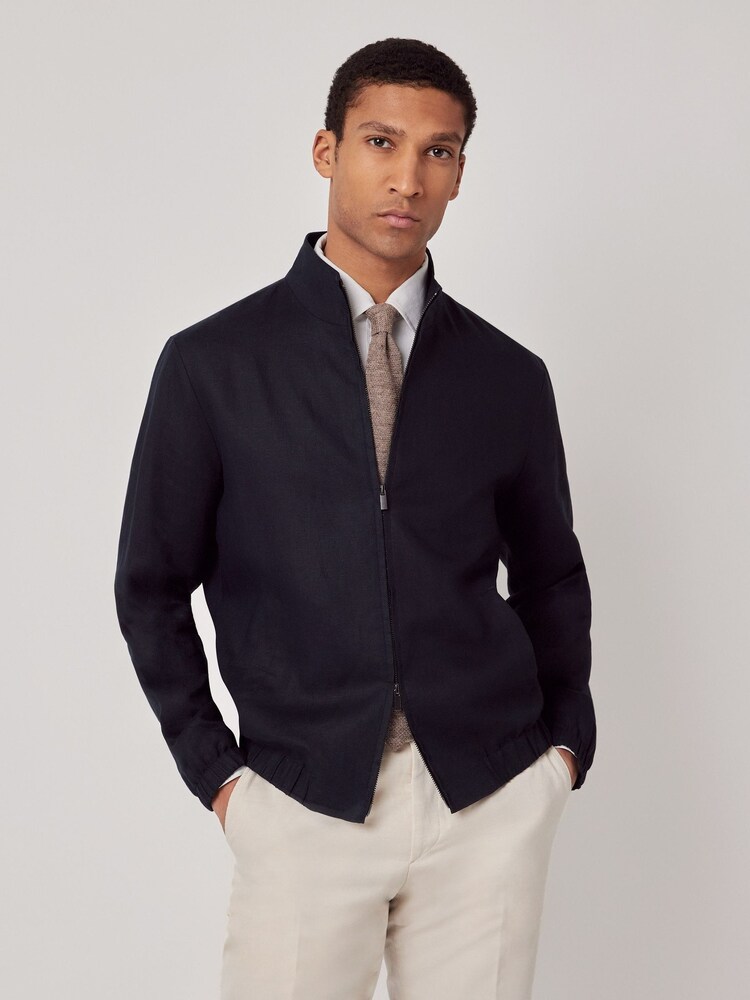 Hawes & Curtis Blue 100% Linen Bomber Jacket - Image 1 of 2
