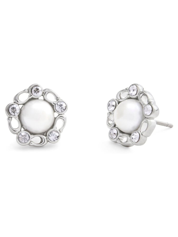 COACH Silver Tone Signature Heritage Pearl Stud Earrings - Image 1 of 3