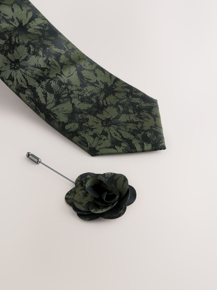 Forest Green Floral Tie and Pocket Square Set - Image 2 of 4 Forest Green Floral Tie and Pocket Square Set - Image 2 of 4