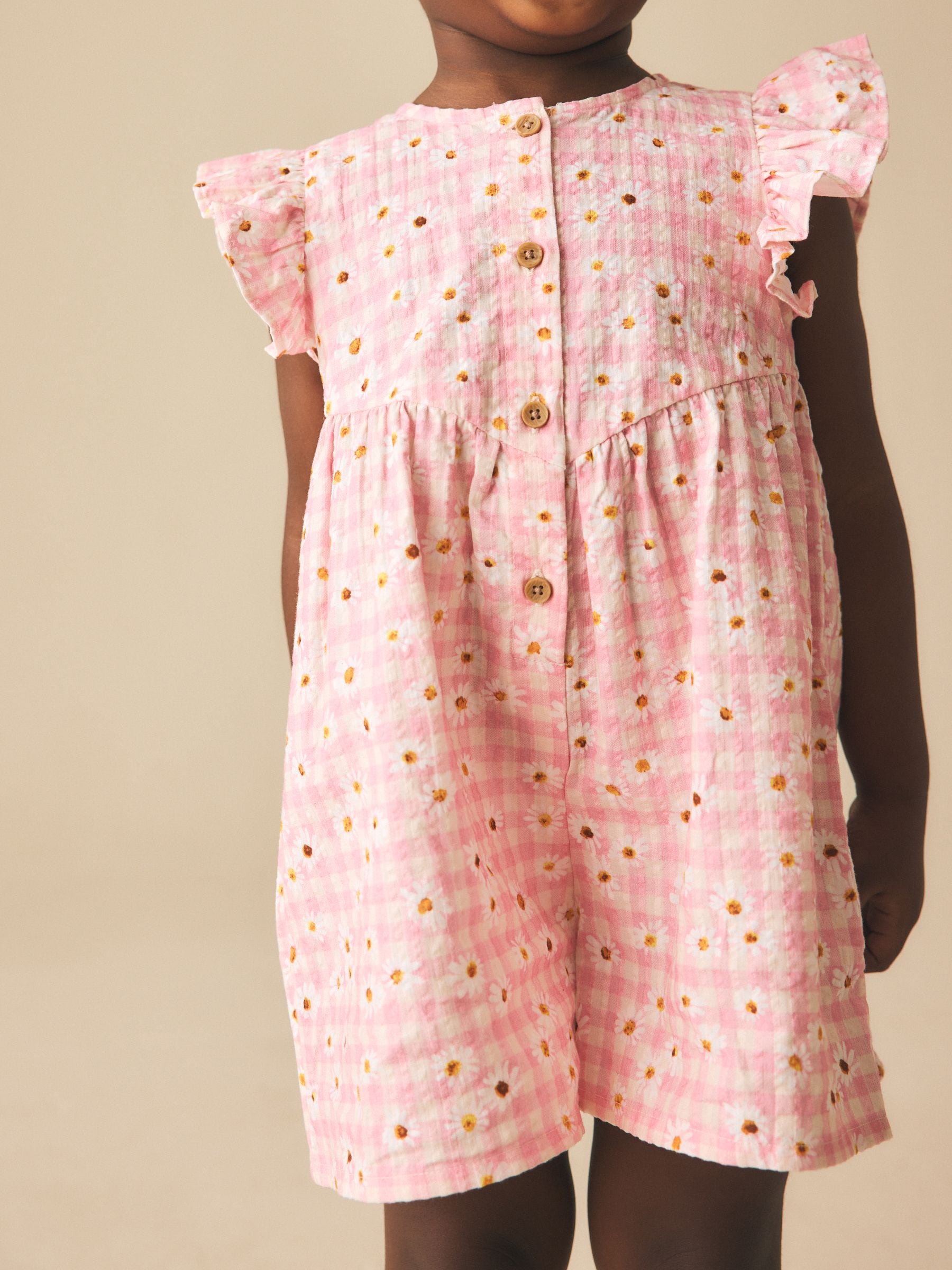 Buy Pink Gingham Floral Flutter Sleeve Playsuit (3mths-7yrs) from