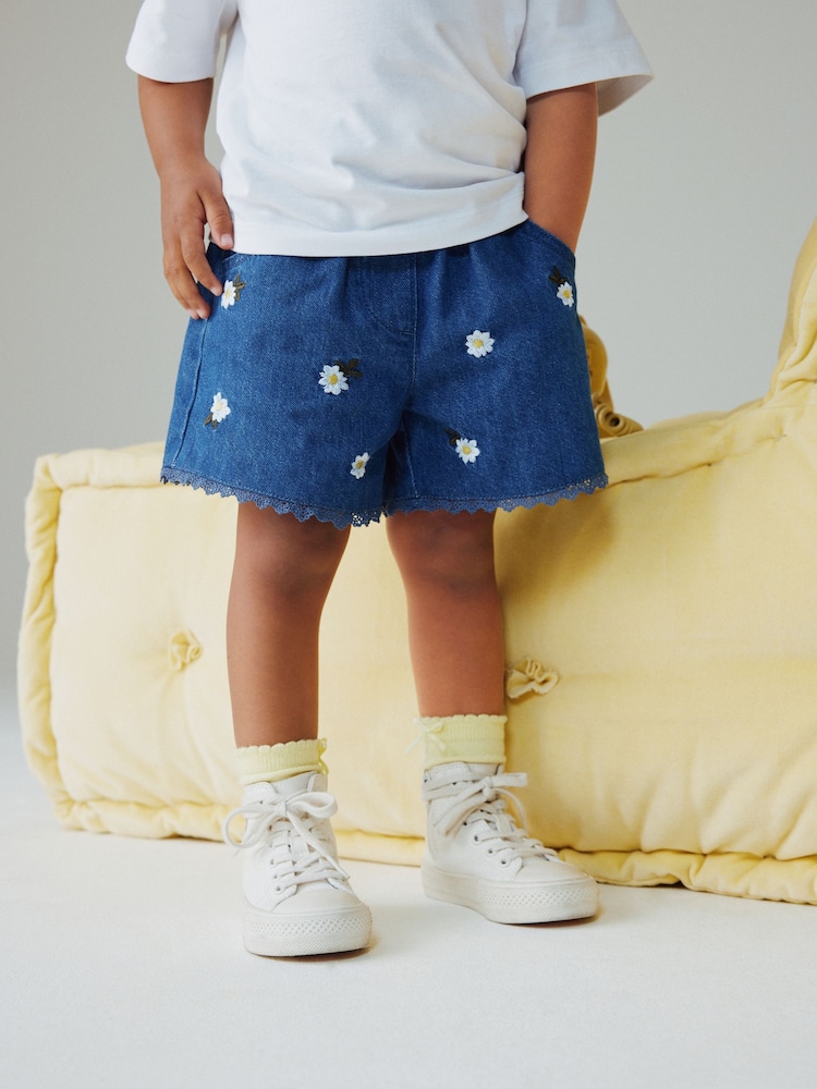 Mid Blue Daisy Embroidered Denim Shorts (3mths-7yrs) - Image 1 of 8
