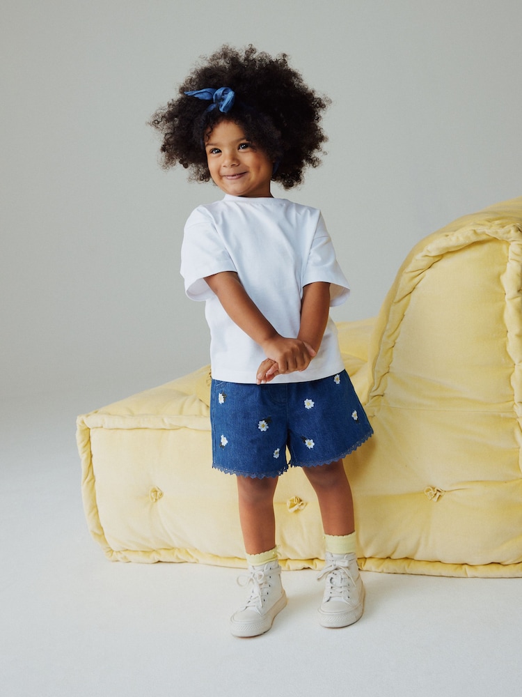 Mid Blue Daisy Embroidered Denim Shorts (3mths-7yrs) - Image 2 of 8