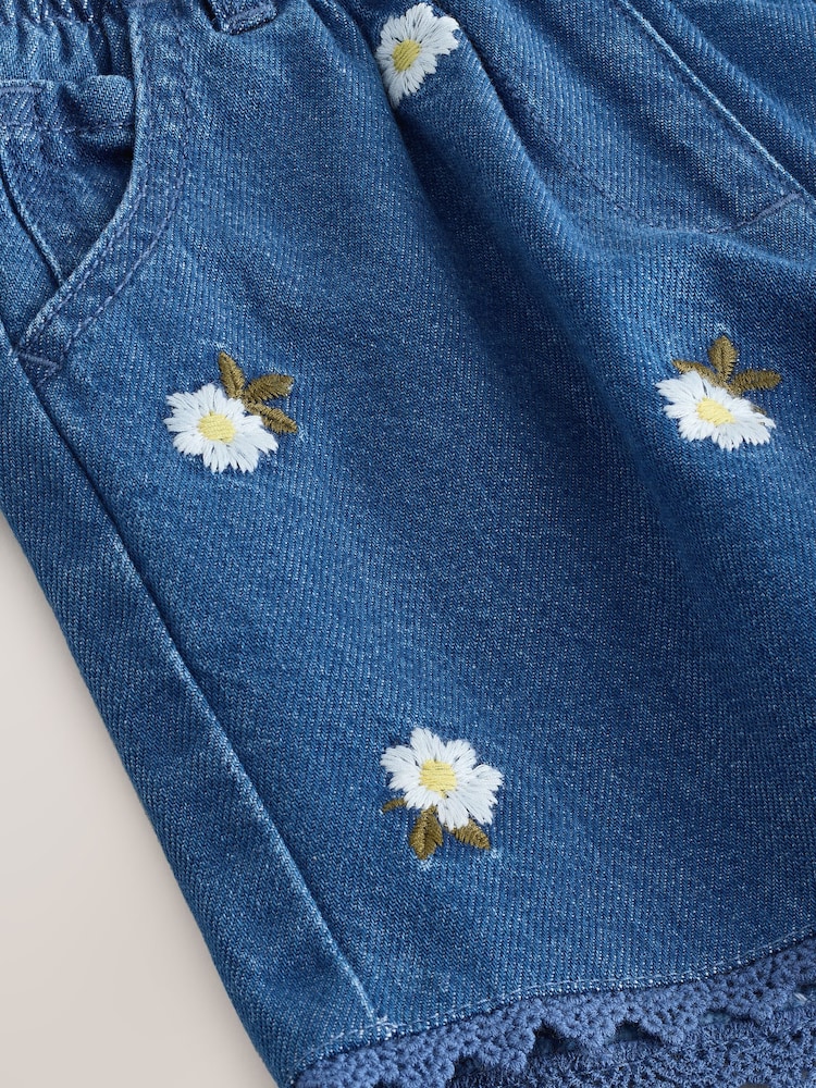 Mid Blue Daisy Embroidered Denim Shorts (3mths-7yrs) - Image 8 of 8