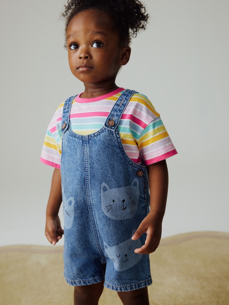 Mid Wash Denim Cat Printed Dungarees and T-Shirt Set (3mths-7yrs) - Image 3 of 3