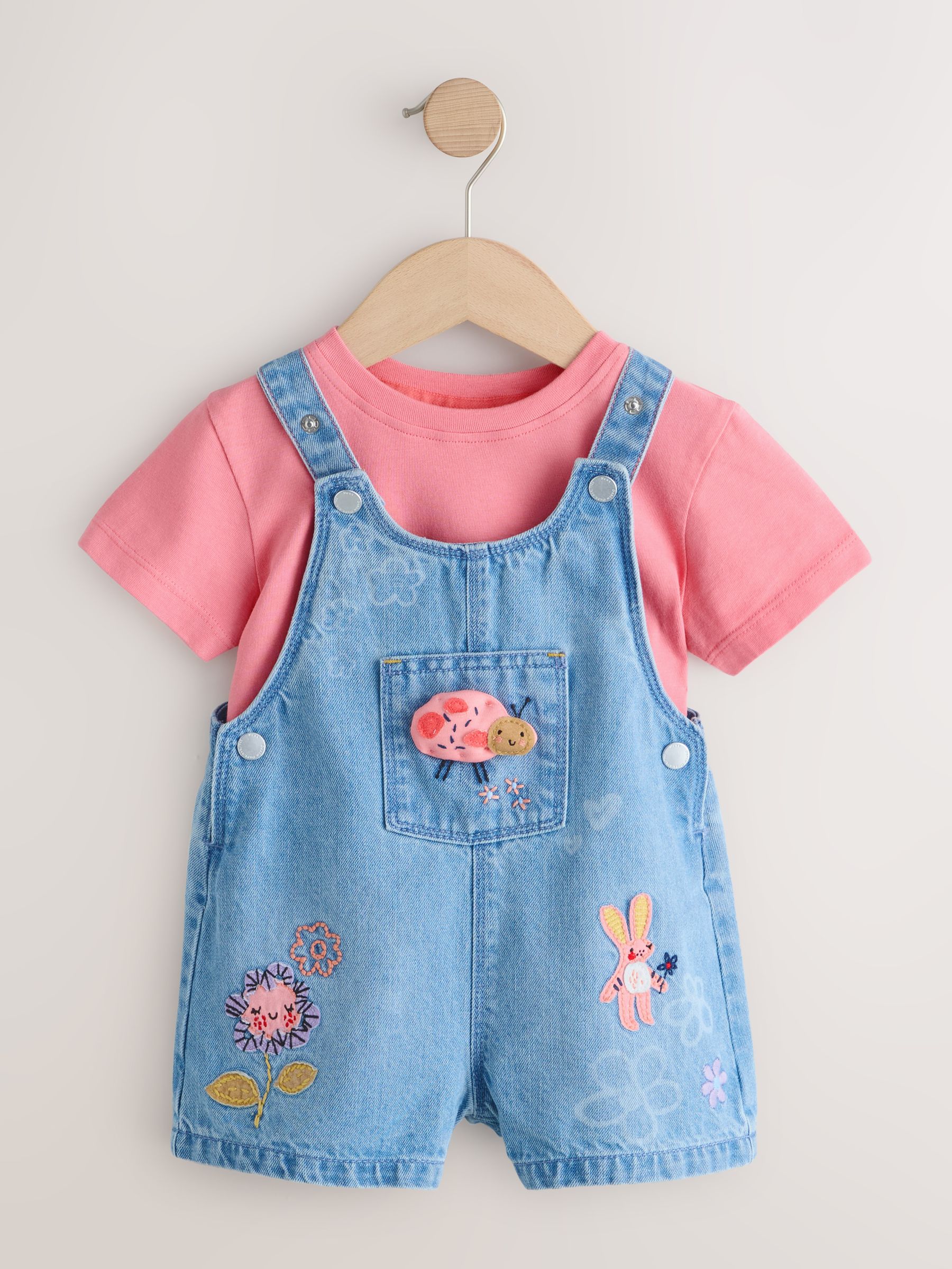 Buy Light Blue Denim Ladybug Embroidered Dungaree and T-Shirt Set