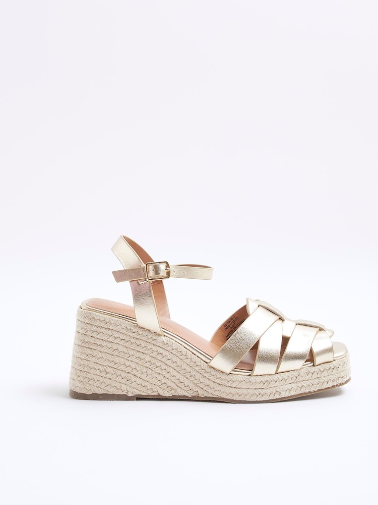 River Island Gold Wide Fit Woven Wedge Sandals - Image 2 of 6 River Island Gold Wide Fit Woven Wedge Sandals - Image 2 of 6