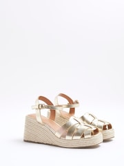 River Island Gold Wide Fit Woven Wedge Sandals - Image 3 of 6