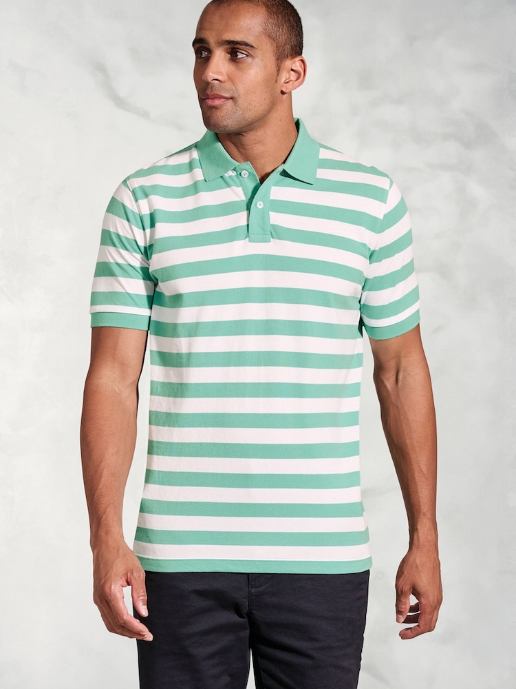 Brook Taverner Blue Bold Stripe Pique 100% Cotton Polo Shirt - Image 1 of 4
