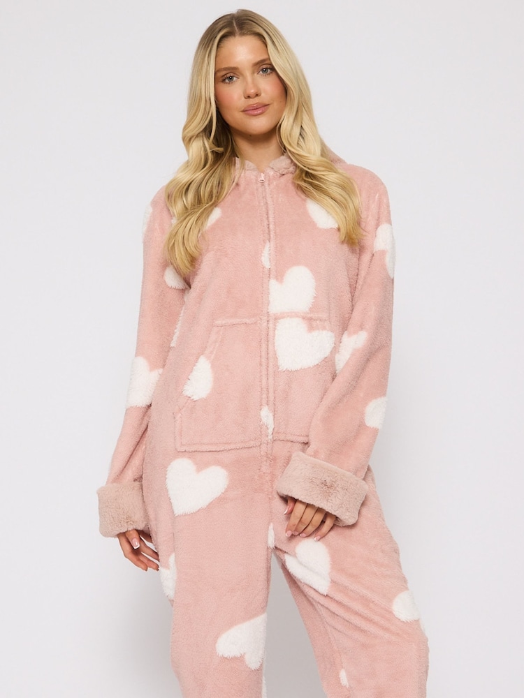 Loungeable Pink Jaquard Heart All-In-One - Image 1 of 6 Loungeable Pink Jaquard Heart All-In-One - Image 1 of 6