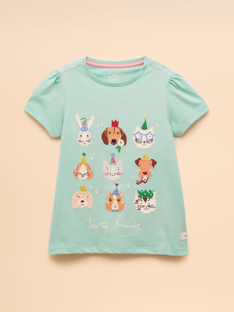 Joules Astra Aqua Blue Applique Cotton T-Shirt - Image 1 of 4