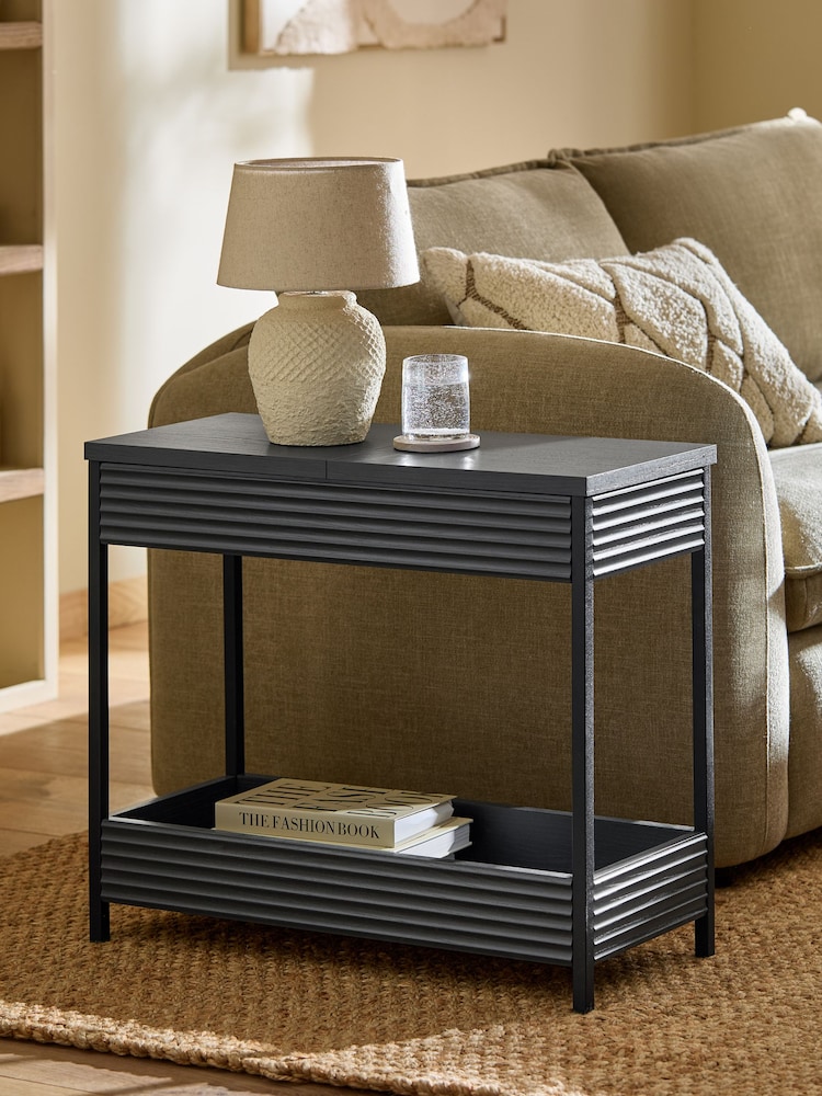 Black Marlow Glass and Oak Effect Sofa Side Table - Image 1 of 6 Black Marlow Glass and Oak Effect Sofa Side Table - Image 1 of 6