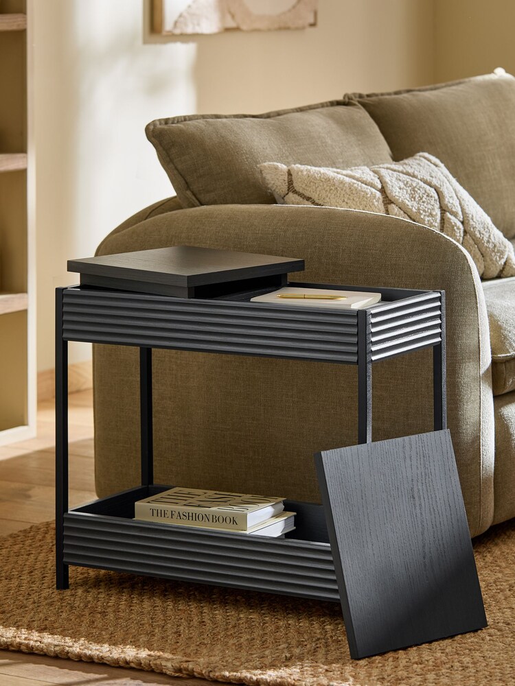 Black Marlow Glass and Oak Effect Sofa Side Table - Image 2 of 6 Black Marlow Glass and Oak Effect Sofa Side Table - Image 2 of 6