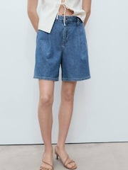 Mango Blue 100% Cotton Denim Bermuda Shorts - Image 3 of 6