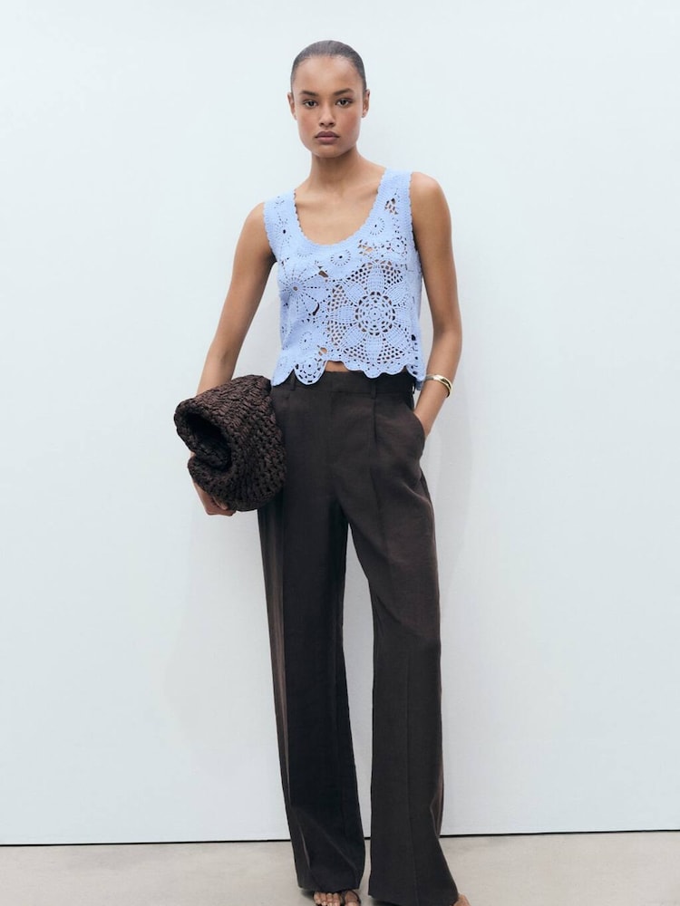 Mango Blue Floral Print Crochet Round Neck Vest Top - Image 1 of 6 Mango Blue Floral Print Crochet Round Neck Vest Top - Image 1 of 6