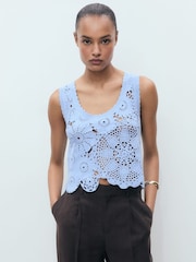 Mango Blue Floral Print Crochet Round Neck Vest Top - Image 3 of 6