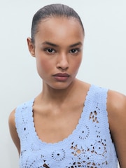 Mango Blue Floral Print Crochet Round Neck Vest Top - Image 4 of 6