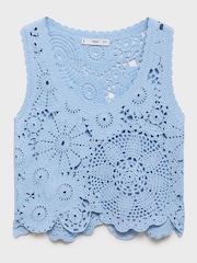 Mango Blue Floral Print Crochet Round Neck Vest Top - Image 5 of 6