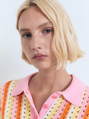 Mango Pink 100% Cotton Crochet Polo Top - Image 1 of 5