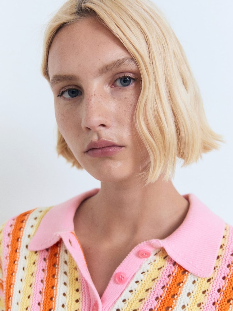 Mango Pink 100% Cotton Crochet Polo Top - Image 1 of 5