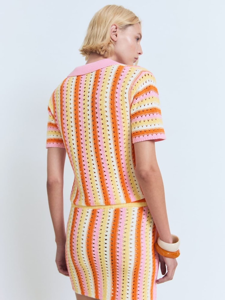 Mango Pink 100% Cotton Crochet Polo Top - Image 2 of 5 Mango Pink 100% Cotton Crochet Polo Top - Image 2 of 5