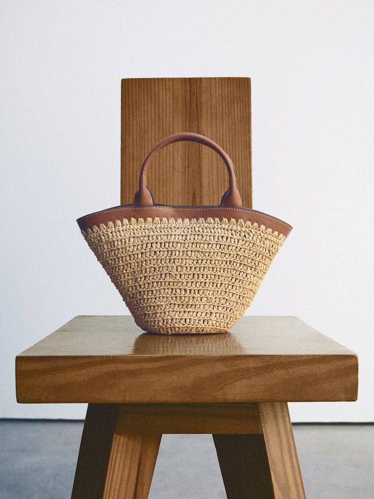 Mango Brown 100% Linen Raffia Cross-Body Bag - Image 2 of 4