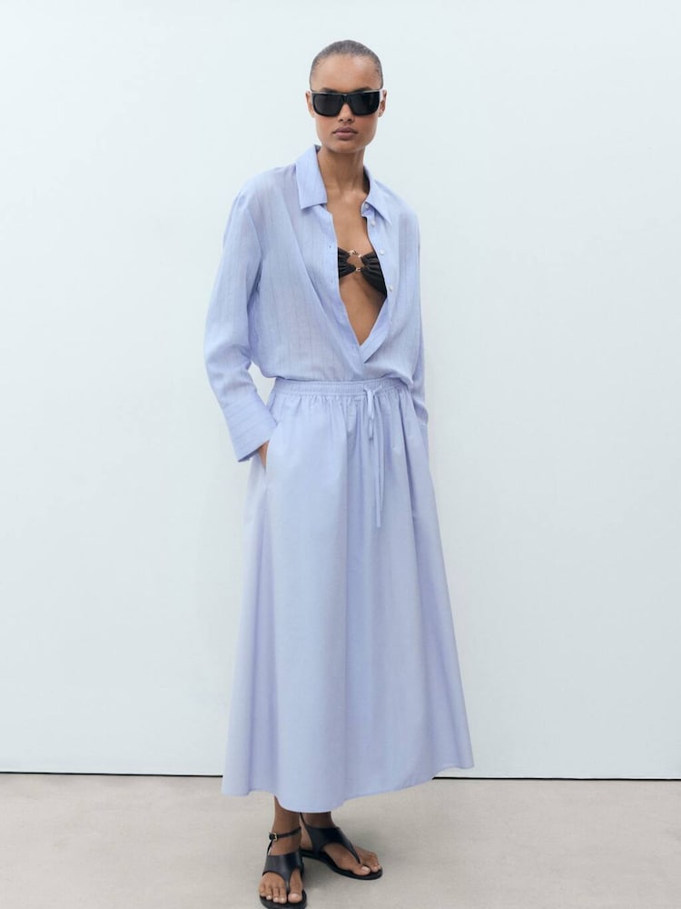 Mango Blue 100% Cotton Tie Waist Maxi Skirt - Image 2 of 7
