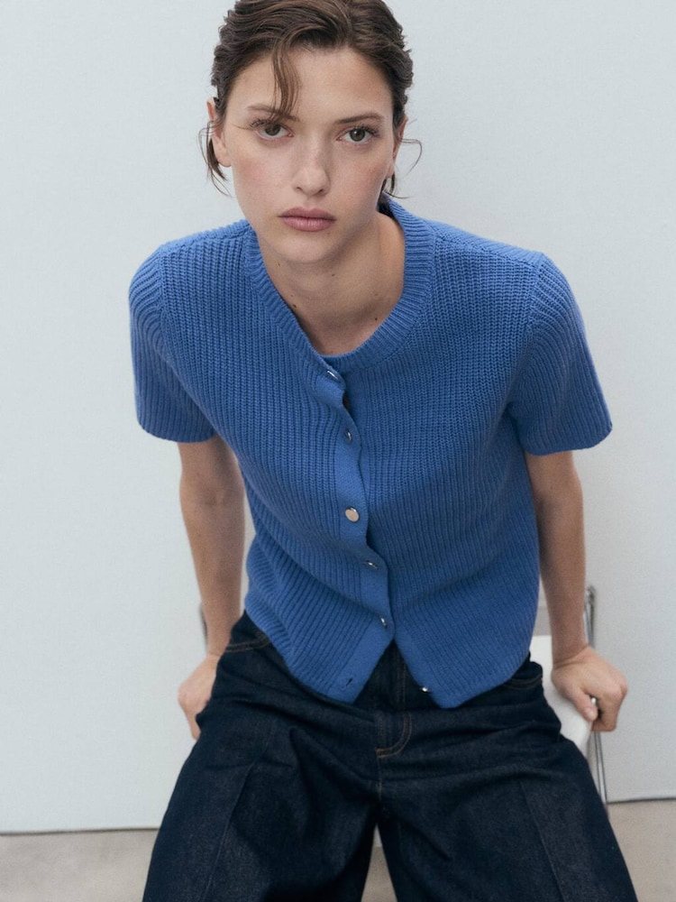Mango Blue 100% Cotton Short Sleeve Cardigan - Image 1 of 5 Mango Blue 100% Cotton Short Sleeve Cardigan - Image 1 of 5