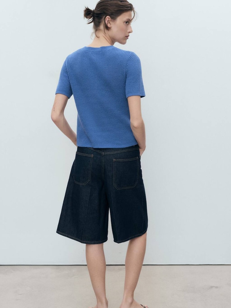 Mango Blue 100% Cotton Short Sleeve Cardigan - Image 2 of 5 Mango Blue 100% Cotton Short Sleeve Cardigan - Image 2 of 5