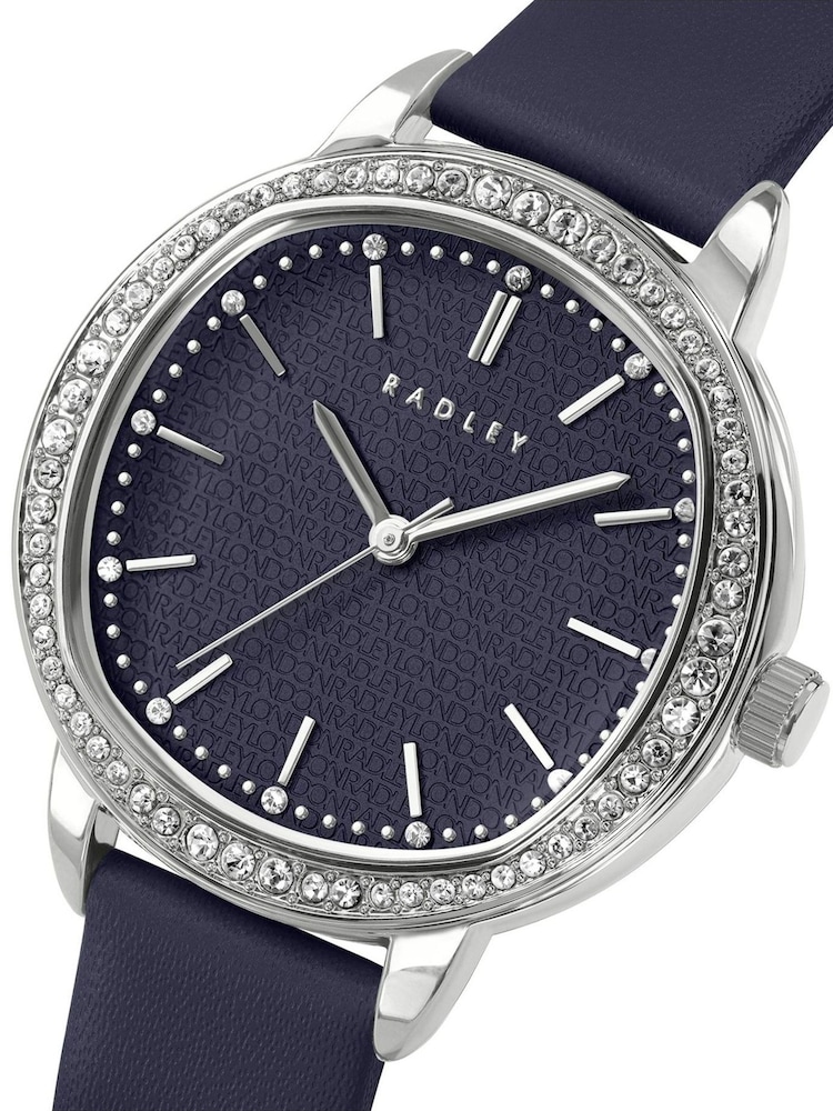Radley Blue SIlver Tone 36mm Stone Set Ink Leather Strap Watch - Image 2 of 4 Radley Blue SIlver Tone 36mm Stone Set Ink Leather Strap Watch - Image 2 of 4