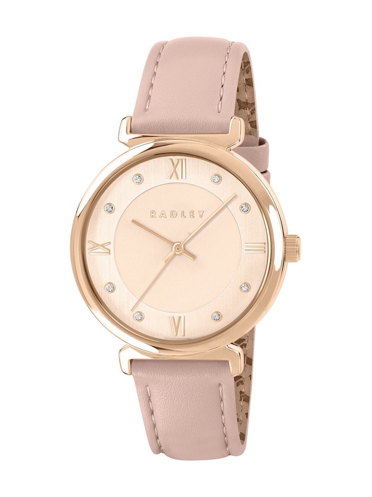 Radley Rose Pink Gold Tone 35mm T-Bar Praire Leather Strap Watch - Image 1 of 4
