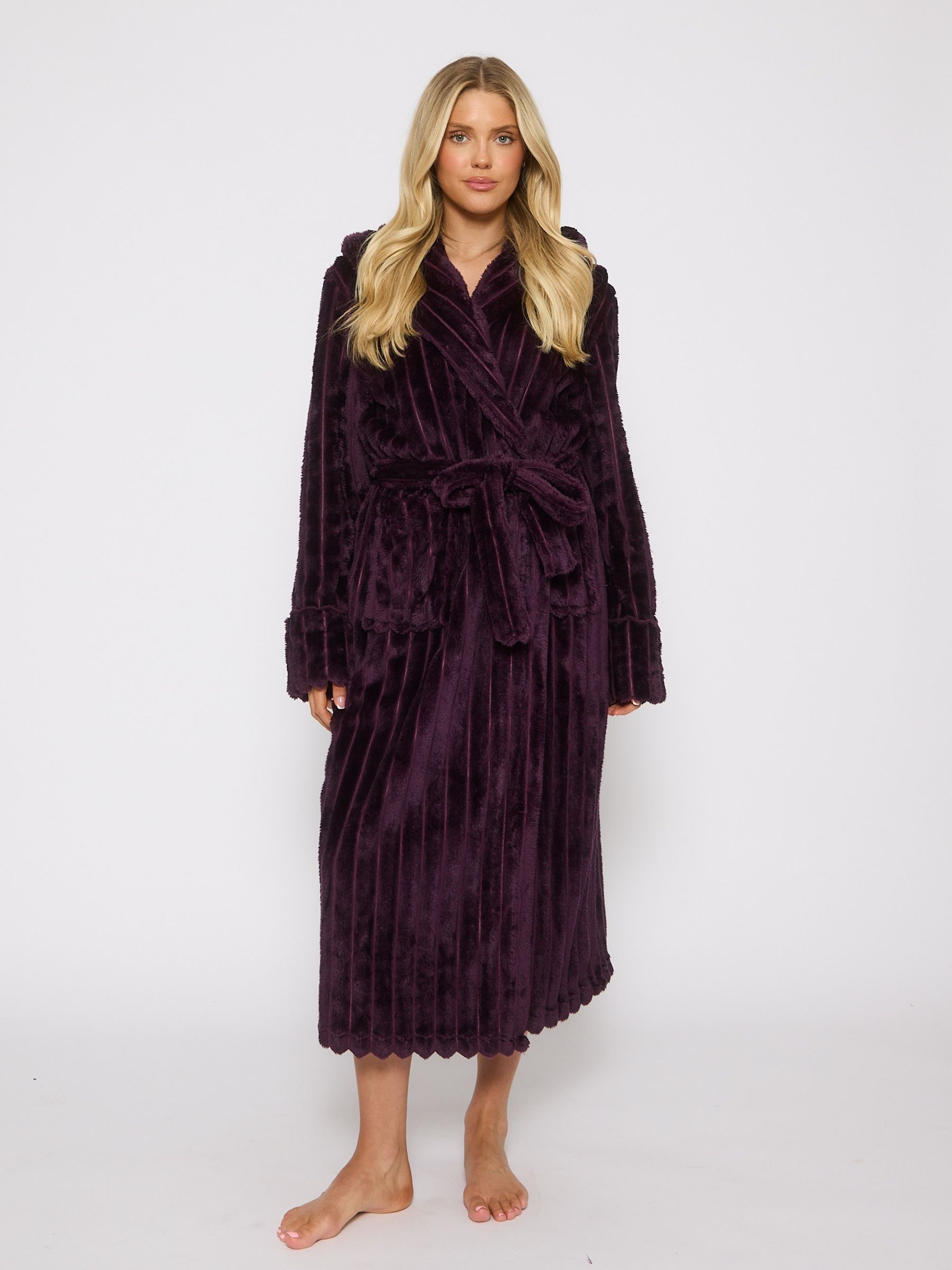 Buy Loungeable Purple Plush Ridged Fleece Midi Hooded Dressing