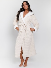 Loungeable Cream Geometric Luxury Fleece Hooded Maxi Dressing Gown - Image 1 of 5