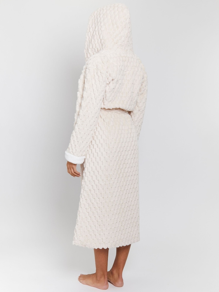 Loungeable Cream Geometric Luxury Fleece Hooded Maxi Dressing Gown - Image 2 of 5