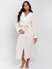 Loungeable Cream Geometric Luxury Fleece Hooded Maxi Dressing Gown - Image 3 of 5