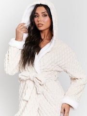 Loungeable Cream Geometric Luxury Fleece Hooded Maxi Dressing Gown - Image 4 of 5