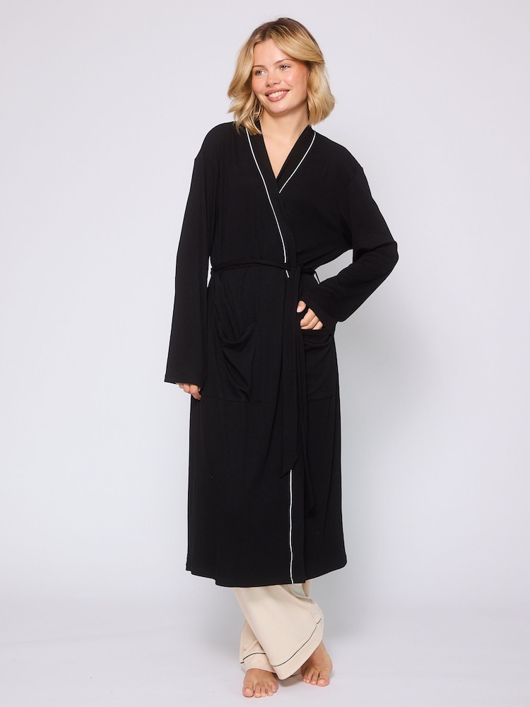 Loungeable Black Rib Kimono Dressing Gown - Image 1 of 4 Loungeable Black Rib Kimono Dressing Gown - Image 1 of 4