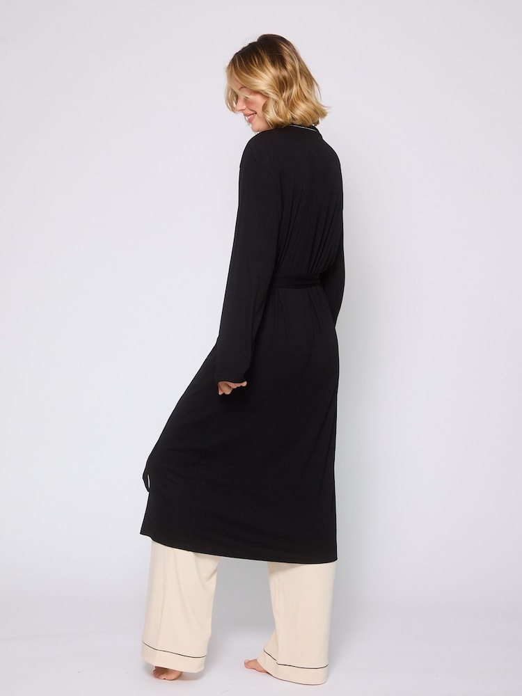 Loungeable Black Rib Kimono Dressing Gown - Image 2 of 4 Loungeable Black Rib Kimono Dressing Gown - Image 2 of 4