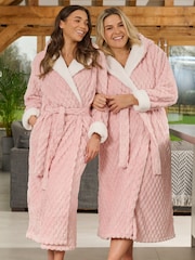 Loungeable Pink Geometric Luxury Fleece Hooded Maxi Dressing Gown - Image 1 of 5