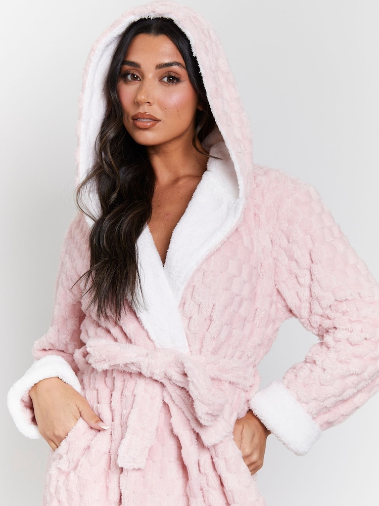 Loungeable Pink Geometric Luxury Fleece Hooded Maxi Dressing Gown - Image 2 of 5
