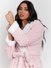 Loungeable Pink Geometric Luxury Fleece Hooded Maxi Dressing Gown - Image 4 of 5