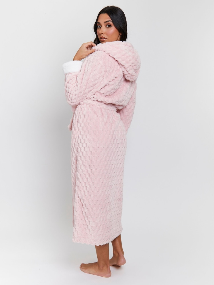 Loungeable Pink Geometric Luxury Fleece Hooded Maxi Dressing Gown - Image 5 of 5