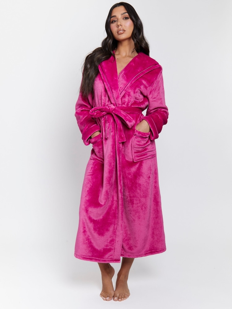 Buy Loungeable Pink Ribbon Trim Luxury Fleece Hooded Maxi Robe from ...