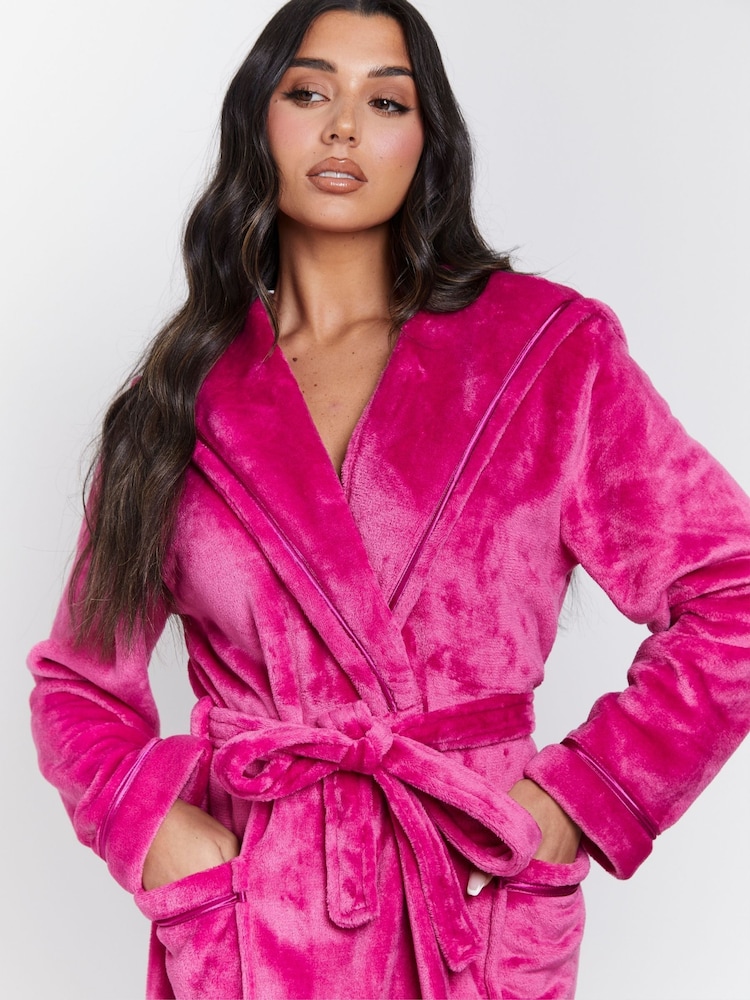 Loungeable Pink Ribbon Trim Luxury Fleece Hooded Maxi Robe - Image 5 of 5 Loungeable Pink Ribbon Trim Luxury Fleece Hooded Maxi Robe - Image 5 of 5