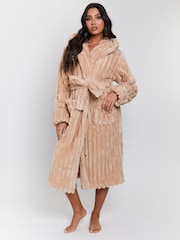 Loungeable Beige Plush Ridged Fleece Midi Hooded Dressing Gown - Image 1 of 5