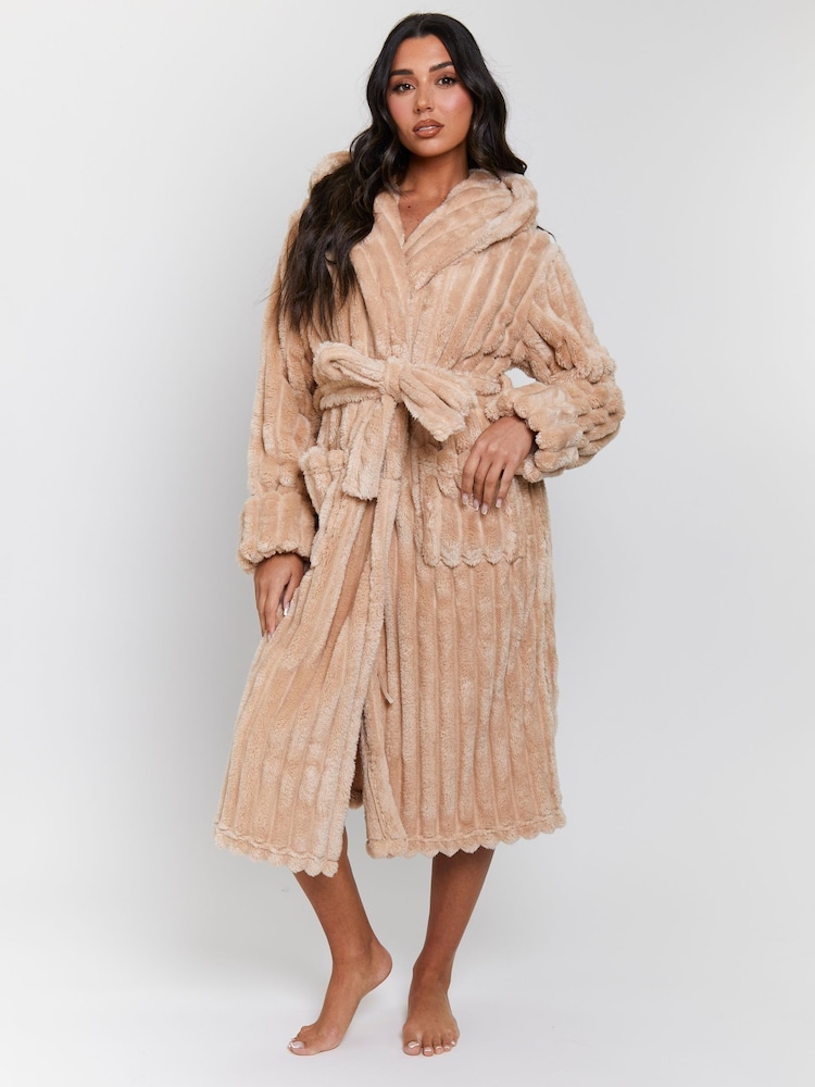 Loungeable Beige Plush Ridged Fleece Midi Hooded Dressing Gown - Image 1 of 5 Loungeable Beige Plush Ridged Fleece Midi Hooded Dressing Gown - Image 1 of 5