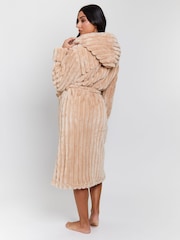 Loungeable Beige Plush Ridged Fleece Midi Hooded Dressing Gown - Image 2 of 5