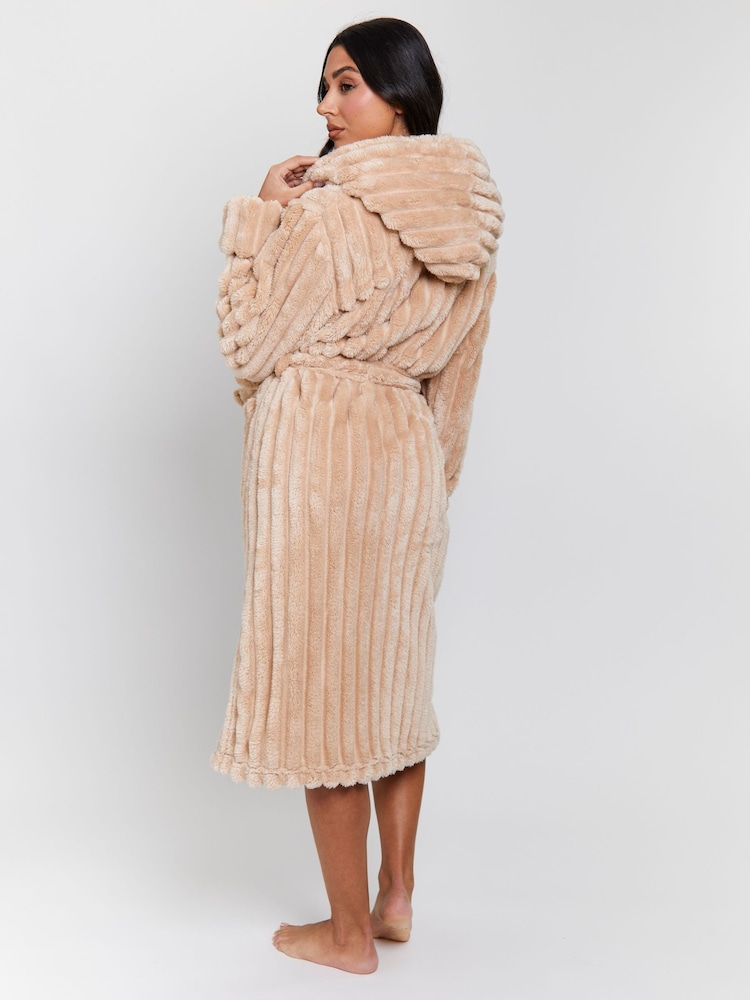 Loungeable Beige Plush Ridged Fleece Midi Hooded Dressing Gown - Image 2 of 5