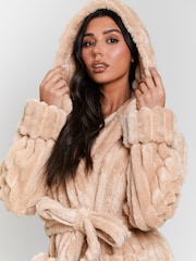 Loungeable Beige Plush Ridged Fleece Midi Hooded Dressing Gown - Image 3 of 5