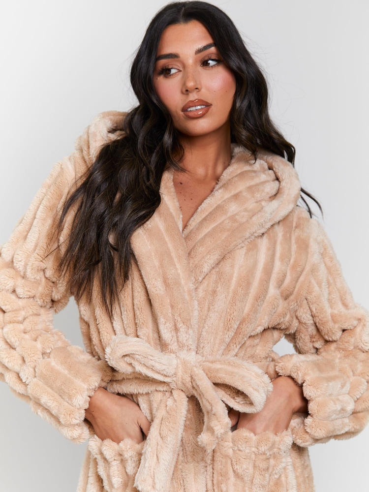 Loungeable Beige Plush Ridged Fleece Midi Hooded Dressing Gown - Image 5 of 5 Loungeable Beige Plush Ridged Fleece Midi Hooded Dressing Gown - Image 5 of 5